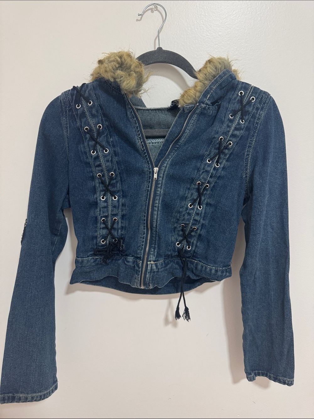 SHEIN Blue Denim Hooded Jacket with Faux Fur Trim